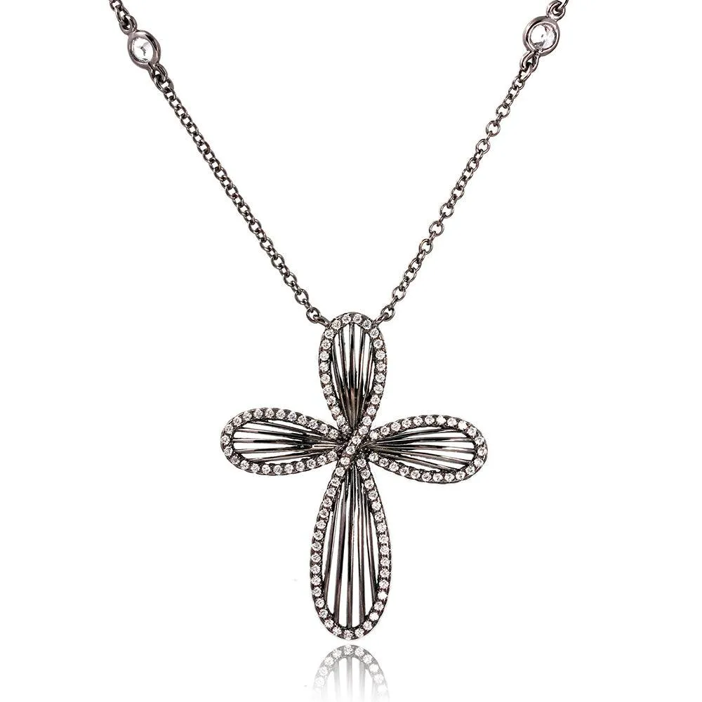 Silver 925 Black Rhodium Plated Cross with CZ Border Necklace - BGP01081