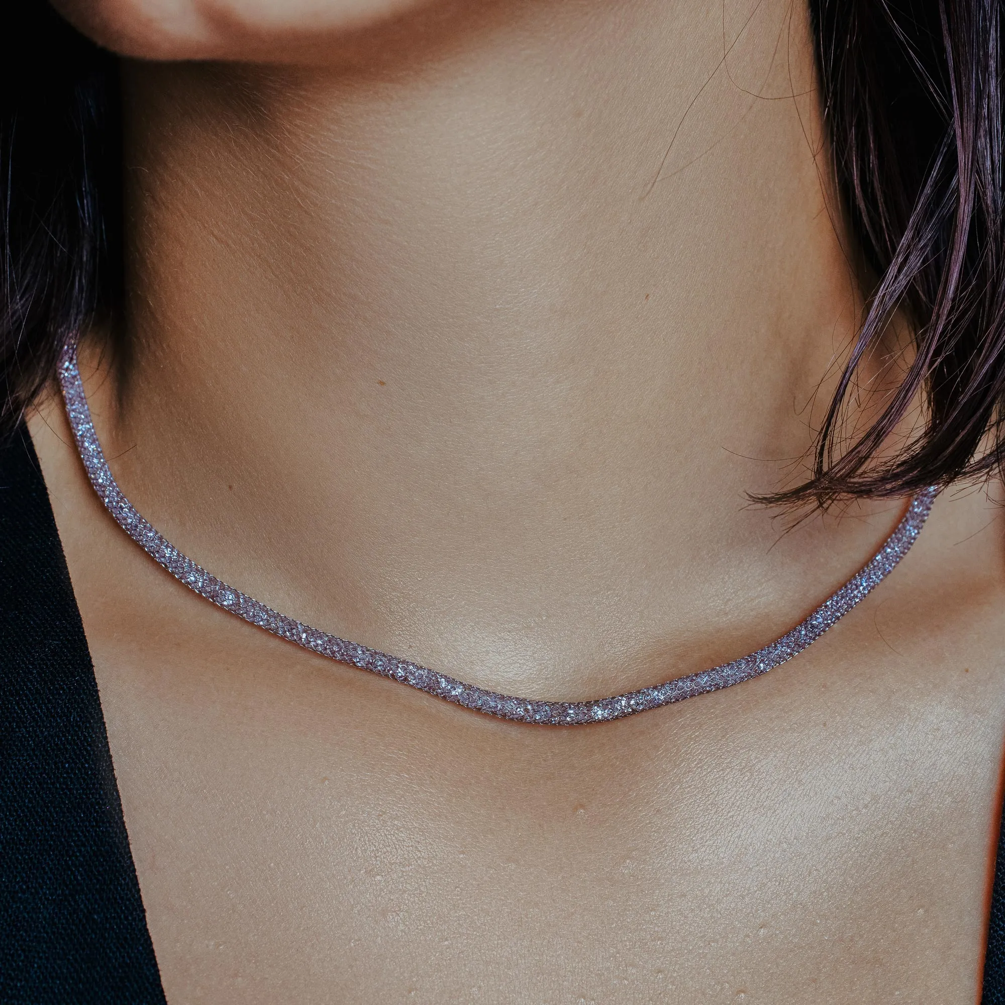 Silver 925 Black Rhodium Plated Mesh Embedded CZ Thin Italian Necklace - ECN00007BL