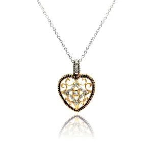 Silver 925 Clear CZ Gold Plated Heart Pendant Necklace - BGP00117