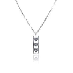 Silver 925 Clear CZ Rhodium Plated Bar Trio Hearts Pendant Necklace - STP00411