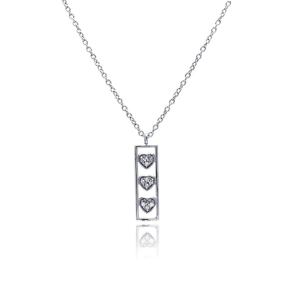 Silver 925 Clear CZ Rhodium Plated Bar Trio Hearts Pendant Necklace - STP00411