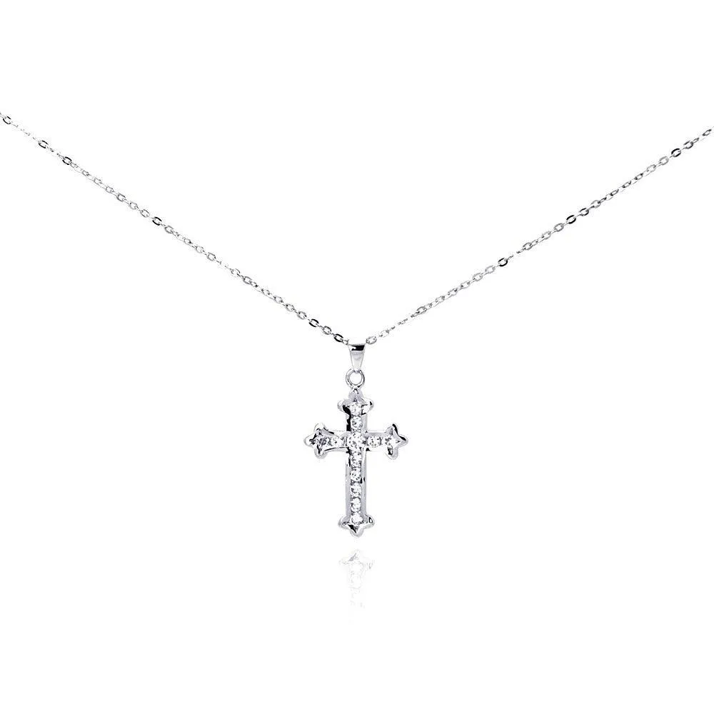 Silver 925 Clear CZ Rhodium Plated Cross Pendant Necklace - BGP00157