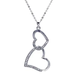 Silver 925 Clear CZ Rhodium Plated Double Heart Pendant Necklace - BGP00025