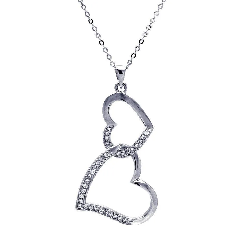 Silver 925 Clear CZ Rhodium Plated Double Heart Pendant Necklace - BGP00025