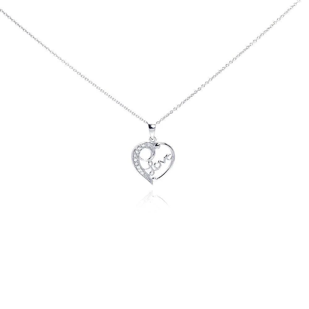 Silver 925 Clear CZ Rhodium Plated Heart Love Accent Pendant Necklace - STP00115