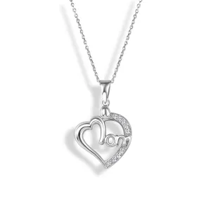 Silver 925 Clear CZ Rhodium Plated Mom Heart Pendant Necklace - STP00242