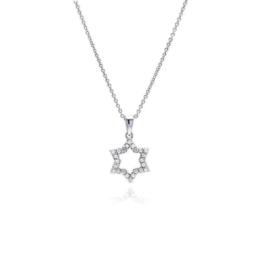 Silver 925 Clear CZ Rhodium Plated Open Star of David Pendant Necklace - STP00030