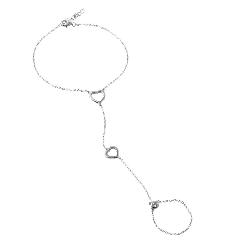 Silver 925 Double Open Heart Clone Ring Bracelet with CZ Accents - BGB00247