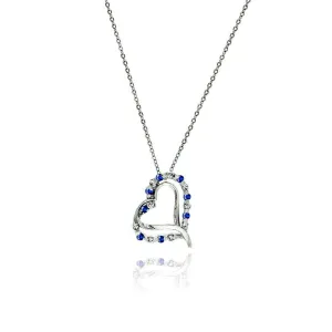 Silver 925 Double Open Heart Pendant with Blue and Clear CZ Accents - BGP00031BLUE