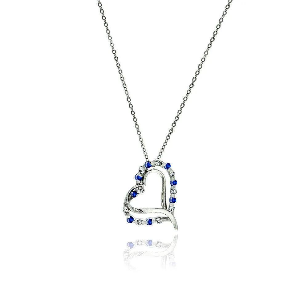 Silver 925 Double Open Heart Pendant with Blue and Clear CZ Accents - BGP00031BLUE