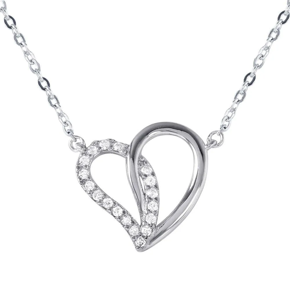Silver 925 Dual Open Heart Pendant with CZ Accents Necklace - BGP01028