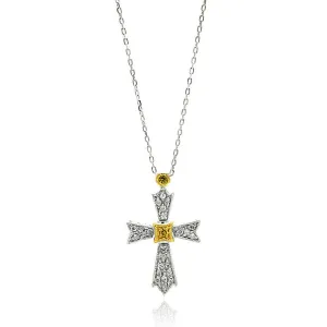 Silver 925 Gold and Rhodium Plated Cross Two Toned CZ Necklace - BGP00575