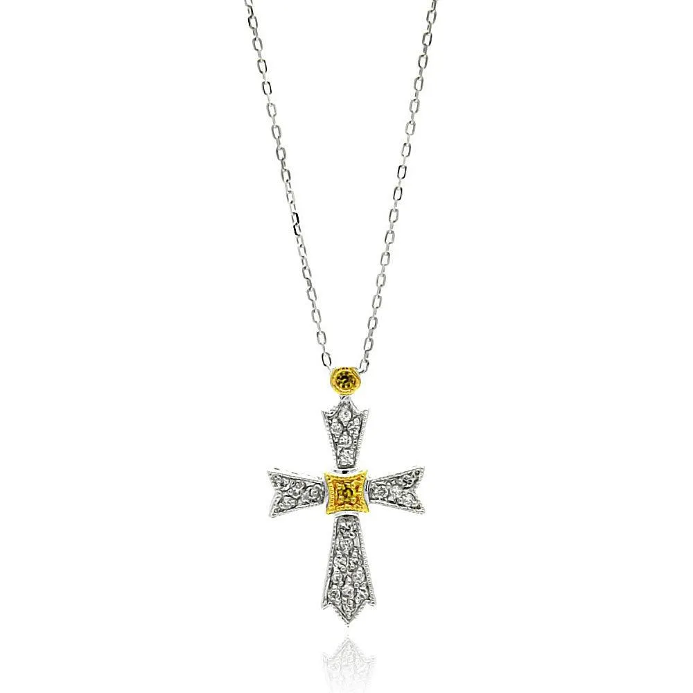 Silver 925 Gold and Rhodium Plated Cross Two Toned CZ Necklace - BGP00575