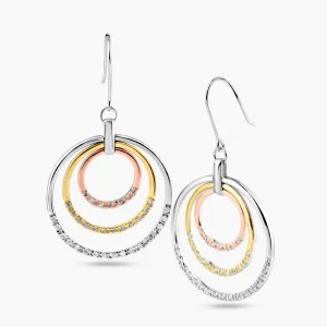 Silver 925 Gold and Silver Rhodium Plated Multiple Open Circle Clear CZ Dangling Hook Earrings - BGE00051