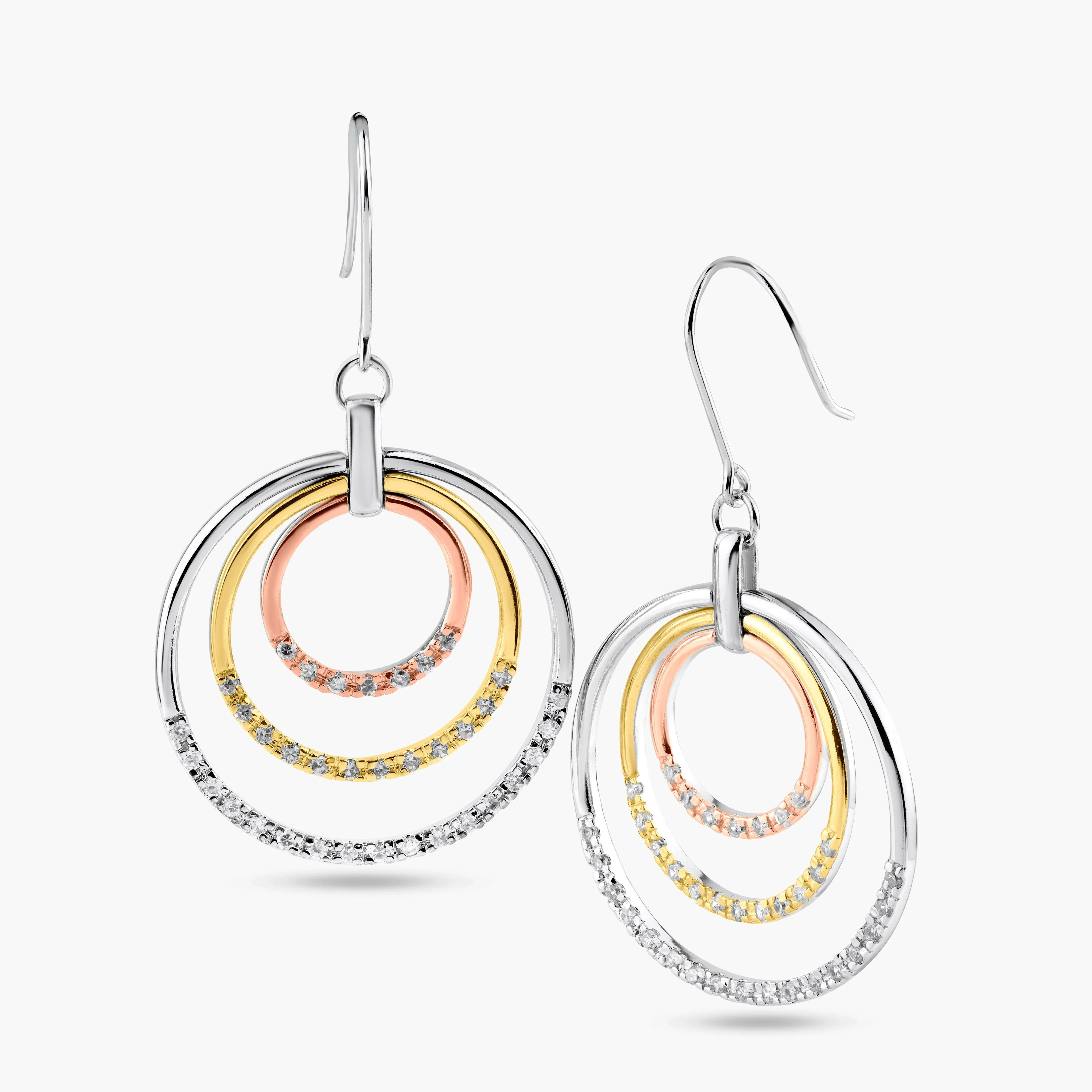 Silver 925 Gold and Silver Rhodium Plated Multiple Open Circle Clear CZ Dangling Hook Earrings - BGE00051
