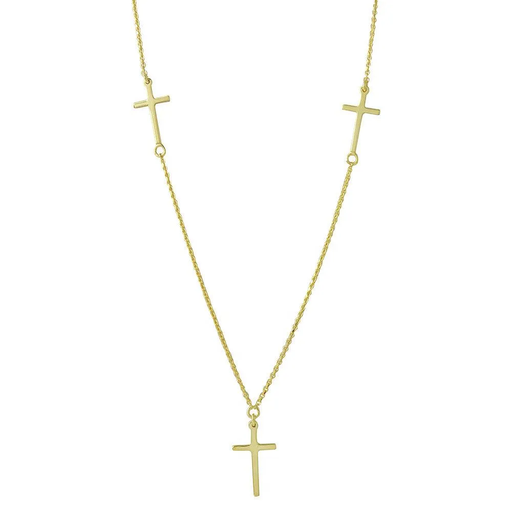 Silver 925 Gold Plated 3 Crosses Necklace - DIN00046GP