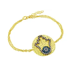 Silver 925 Gold Plated Circle Hamsa Black Evil Eye CZ Outline Bracelet - BGB00191