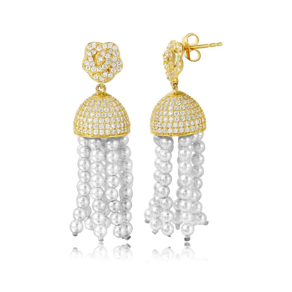 Silver 925 Gold Plated Flower with Hanging CZ Dome and Synthetic Pearl Strands Earrings - GME00043GP