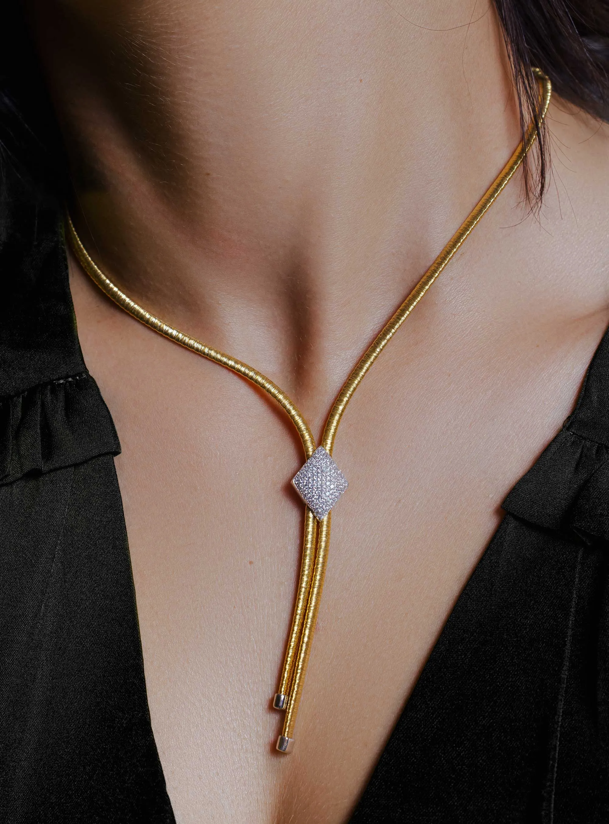 Silver 925 Gold Plated Italian Necklace with Micro Pave CZ Diamond Shaped Accent - ITN00120GP-RH