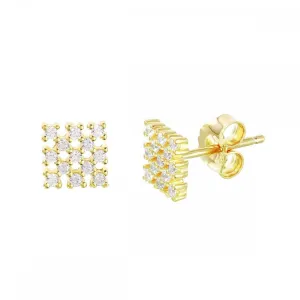 Silver 925 Gold Plated Small Square Checkered CZ Stud Earrings - ACE00078GP