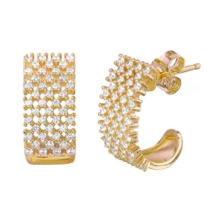 Silver 925 Gold Plated Thick Checkered CZ Semi-huggie hoop Earrings - ACE00083GP
