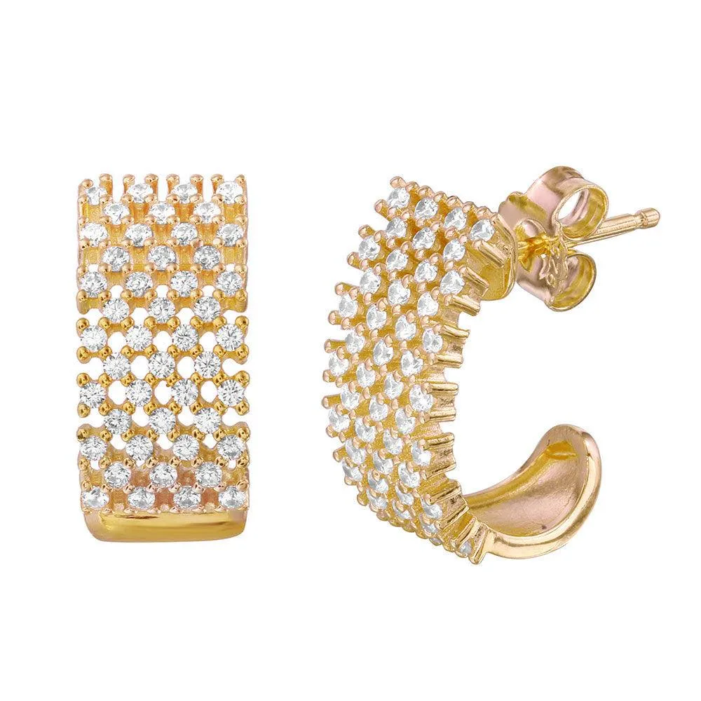 Silver 925 Gold Plated Thick Checkered CZ Semi-huggie hoop Earrings - ACE00083GP