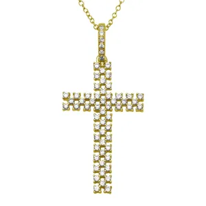 Silver 925 Gold Plated Thin Open Checkered Cross CZ Pendant - ACP00094GP