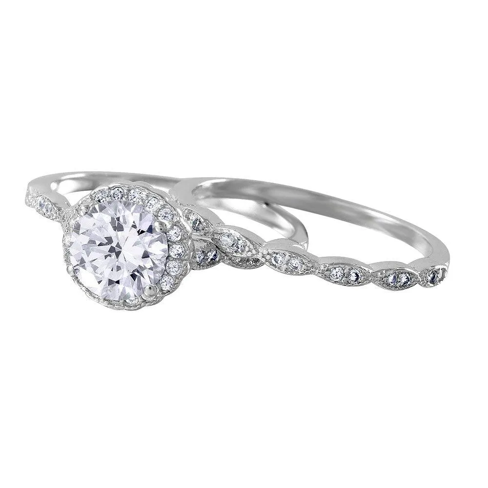 Silver 925 Nickel Free Rhodium Plated Round Halo CZ Bridal Ring - BGR01005