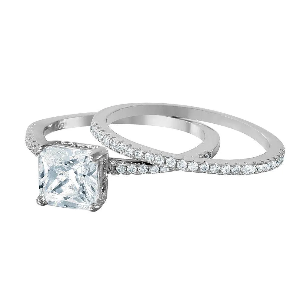 Silver 925 Nickel Free Rhodium Plated Square Center CZ Bridal Ring - BGR01011