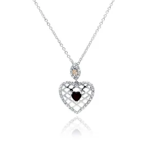 Silver 925 Red CZ Rhodium Plated Filigree Heart Pendant Necklace - BGP00072