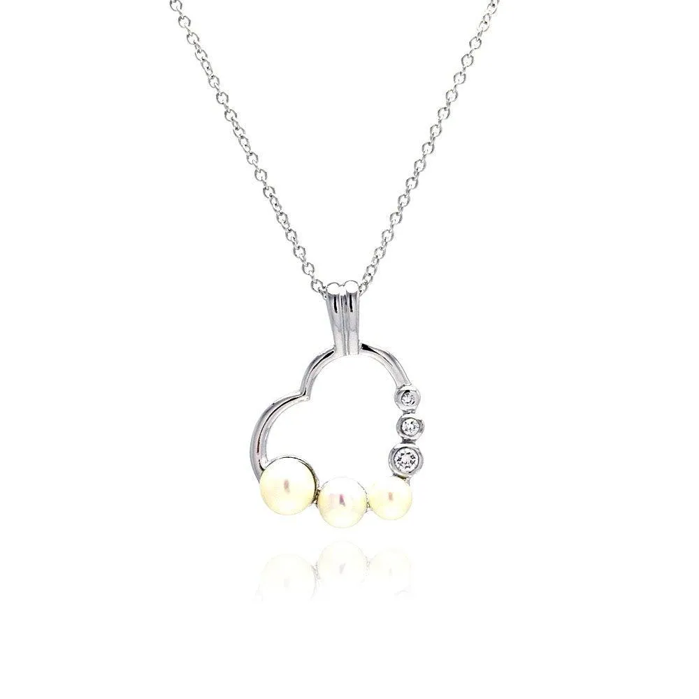 Silver 925 Red CZ Rhodium Plated Pearl Heart Pendant Necklace - BGP00097