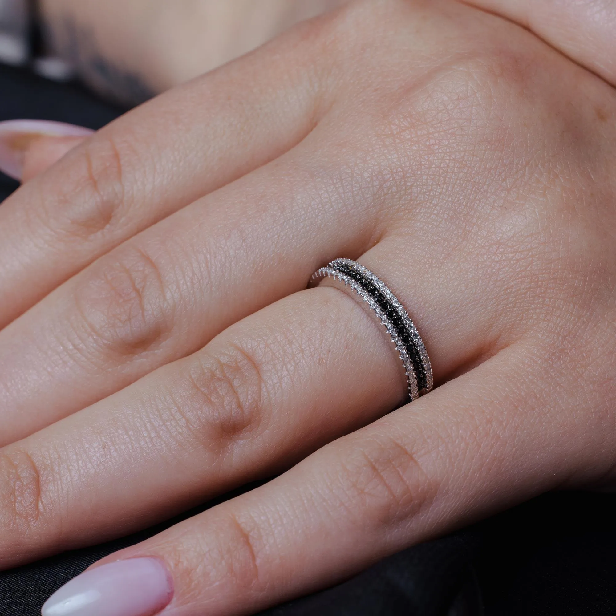 Silver 925 Rhodium and Black Rhodium Plated Half Micro Pave Black and Clear CZ Ring - ACR00059