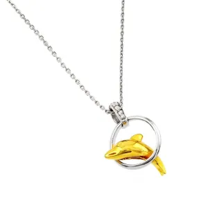 Silver 925 Rhodium and Gold Plated Dolphin Leaping Over Hoop Pendant Necklace - BGP00875