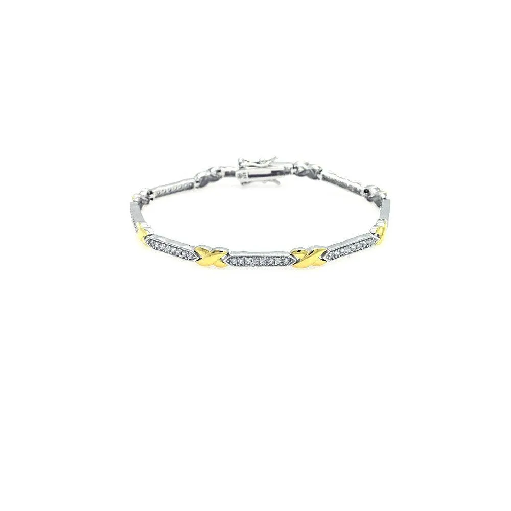 Silver 925 Rhodium and Gold Plated Two Tone Clear CZ Tennis Bracelet - STB00376