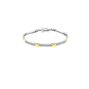 Silver 925 Rhodium and Gold Plated Two Tone Clear CZ Tennis Bracelet - STB00376