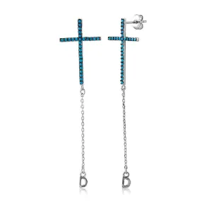 Silver 925 Rhodium Cross Earrings Encrusted with Synthetic Turquoise - STE01046