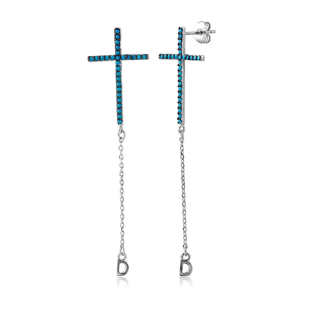 Silver 925 Rhodium Cross Earrings Encrusted with Synthetic Turquoise - STE01046