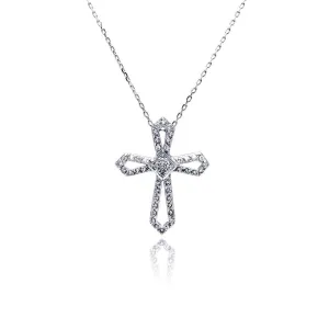 Silver 925 Rhodium Open Cross CZ Necklace - BGP00478