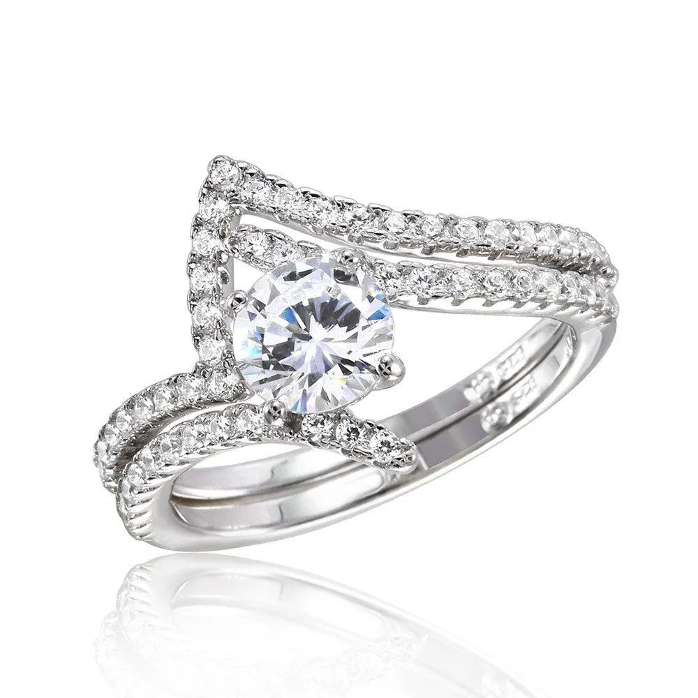 Silver 925 Rhodium Plated 2 Pcs Wedding Ring with 6MM Center CZ - BGR01031