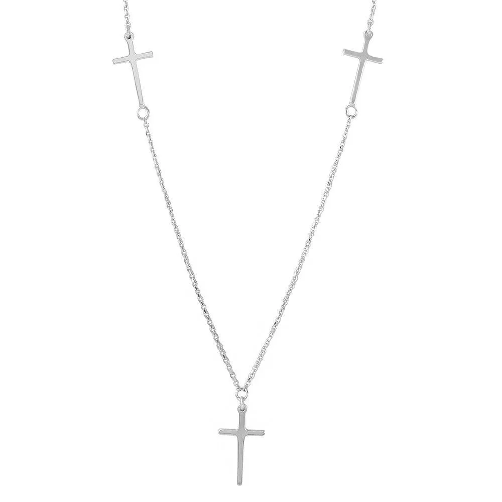 Silver 925 Rhodium Plated 3 Crosses Necklace - DIN00046RH