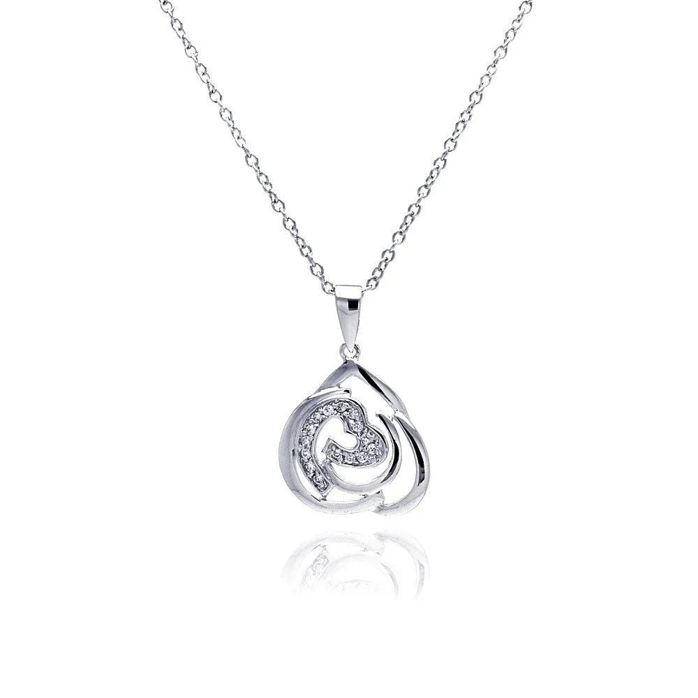 Silver 925 Rhodium Plated Abstract Design Heart CZ Necklace - BGP00309