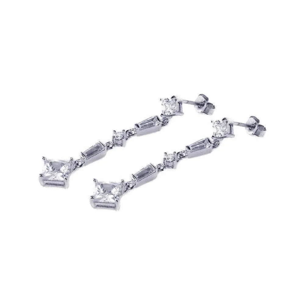 Silver 925 Rhodium Plated Baguette and Square CZ Dangling Earrings - STE00214