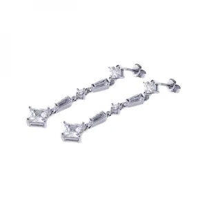 Silver 925 Rhodium Plated Baguette and Square CZ Dangling Earrings - STE00214