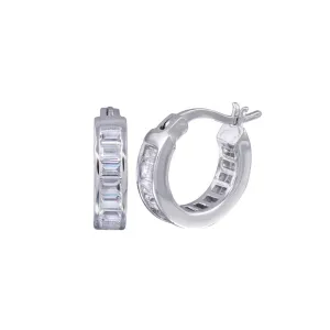 Silver 925 Rhodium Plated Baguette Clear CZ Hoop Earrings - STE00722