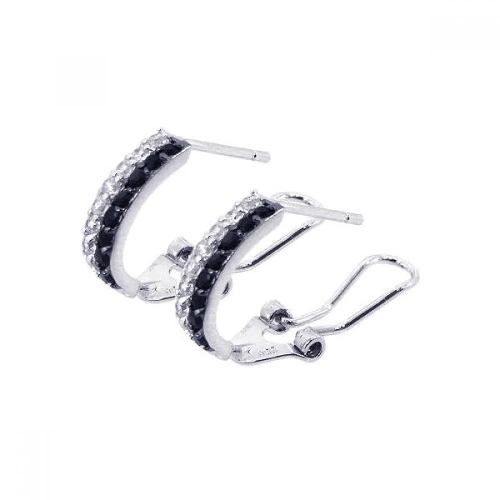 Silver 925 Rhodium Plated Black and Clear Crescent CZ Hoop Earrings - BGE00045