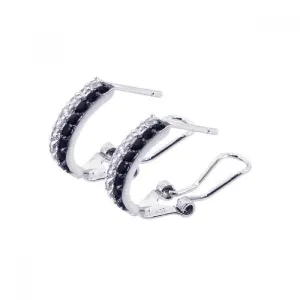 Silver 925 Rhodium Plated Black and Clear Crescent CZ Hoop Earrings - BGE00045
