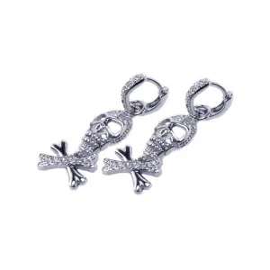 Silver 925 Rhodium Plated Bone and Skull CZ Dangling huggie hoop Earrings - STE00205