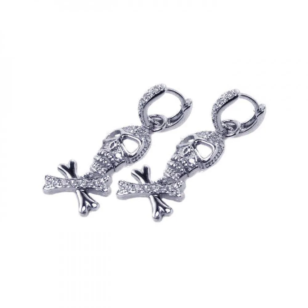Silver 925 Rhodium Plated Bone and Skull CZ Dangling huggie hoop Earrings - STE00205