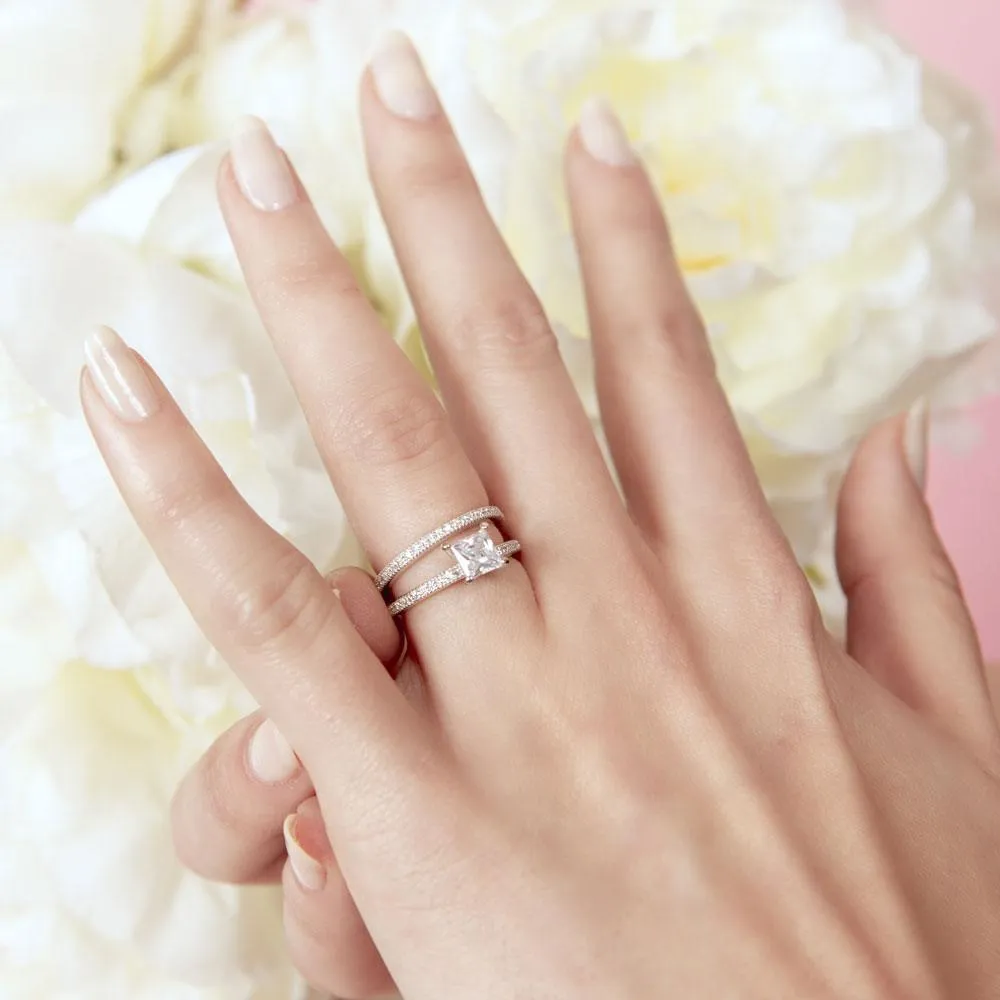 Silver 925 Rhodium Plated Center Square CZ Bridal Wedding Ring Set - BGR01007