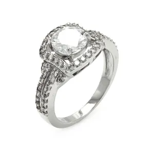 Silver 925 Rhodium Plated Circle Center Clear Cluster CZ Square Bridal Ring - BGR00523